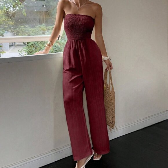 Pants - Burgundy Casual Women's Sexy Pleated Off-Shoulder Sleeveless Jumpsuit